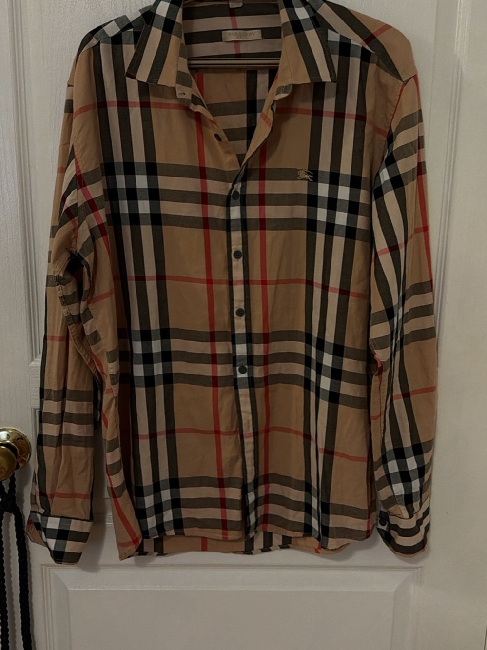 Burberry Classic Tan Plaid Button-Down Shirt with Black & Red Accents